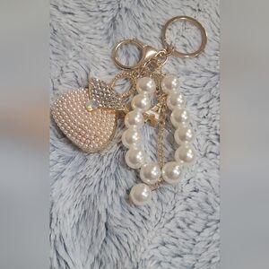 Pearl Bead Heart Keychain Charm - Gold and Cream